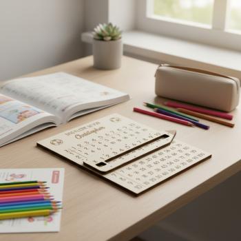 Personalisiertes 1x1‑Lernbrett aus Holz mit graviertem Namen und passender Lesehilfe im Bleistift‑Design.